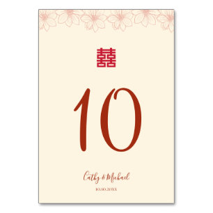 Boho red beige floral Chinese wedding double xi Table Number