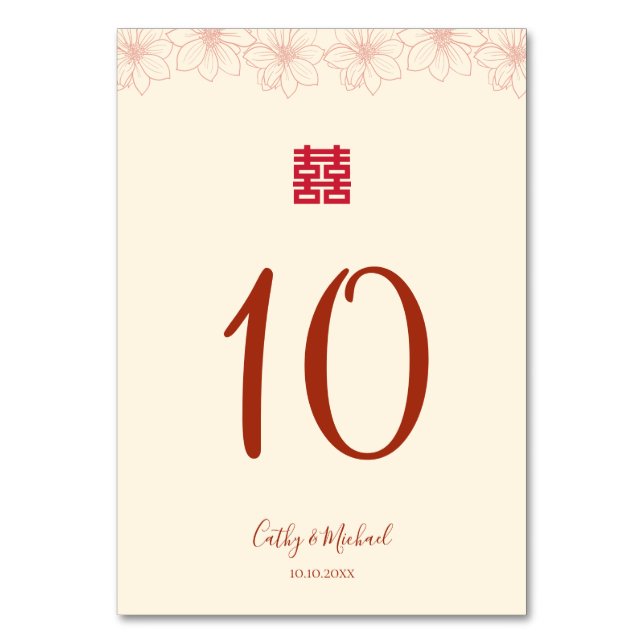 Boho red beige floral Chinese wedding double xi Table Number (Front)