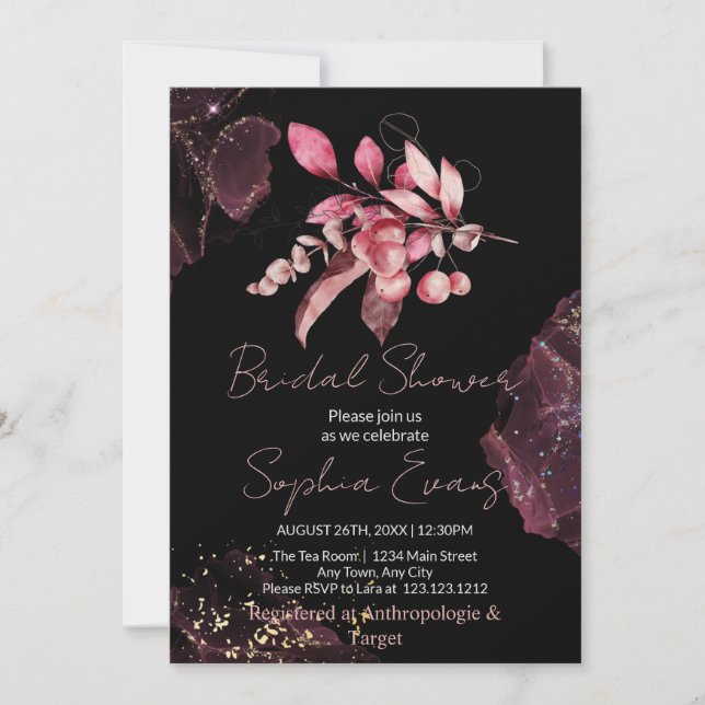 Boho Red Berries & Greenery Black Bridal Shower Invitation (Front)
