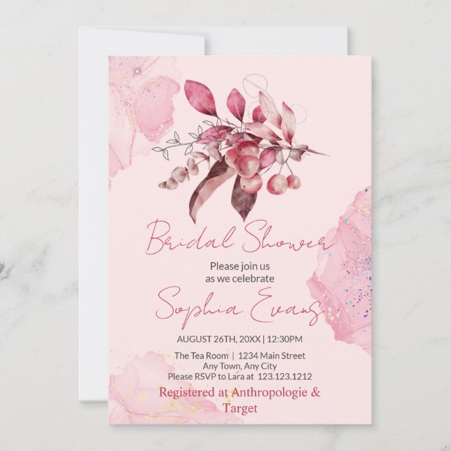 Boho Red Berries & Greenery Pink Bridal Shower Invitation (Front)