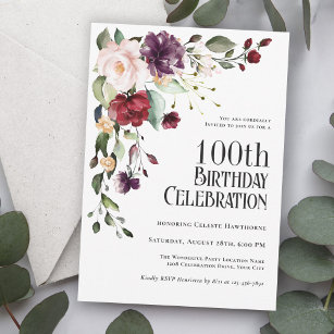 Boho Red, Blush and Purple 100th Birthday Party Invitation
