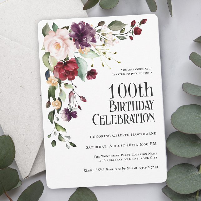 Boho Red, Blush and Purple 100th Birthday Party Invitation (Creator Uploaded)