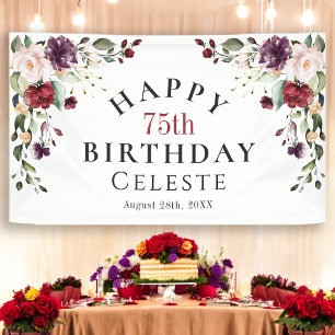Boho Red Blush and Purple 75th Birthday Party Banner