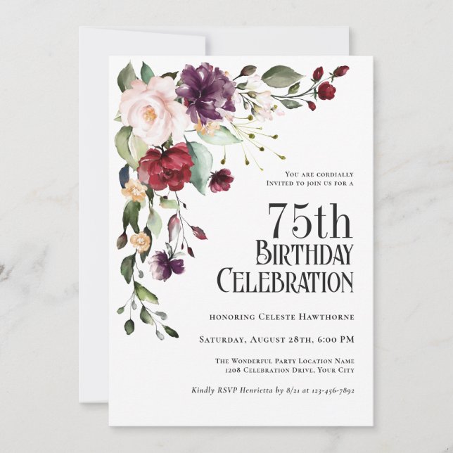 Boho Red, Blush and Purple 75th Birthday Party Invitation (Front)
