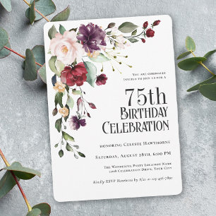 Boho Red, Blush and Purple 75th Birthday Party Invitation