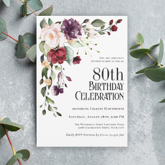 Boho Red Blush and Purple 80th Birthday Party Invitation