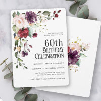 Boho Red Blush and Purple Floral 60th Birthday