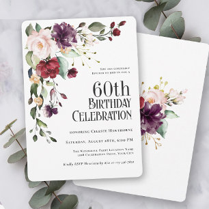Boho Red Blush and Purple Floral 60th Birthday Invitation
