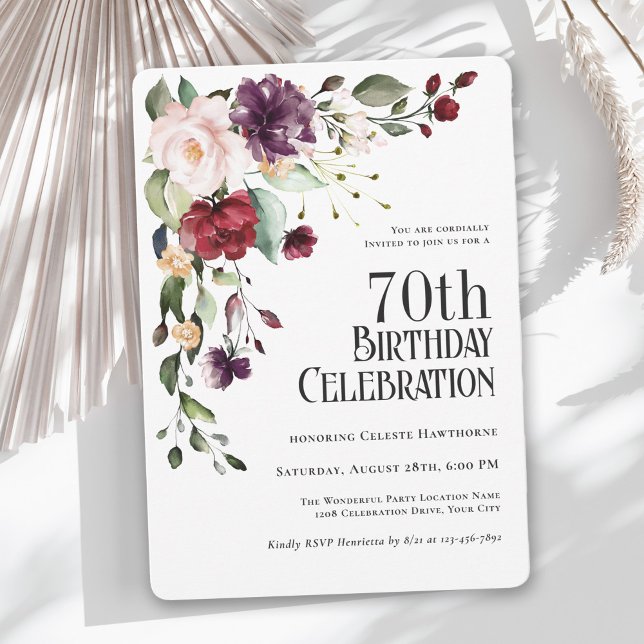 Boho Red, Blush and Purple Floral 70th Birthday Invitation (Creator Uploaded)