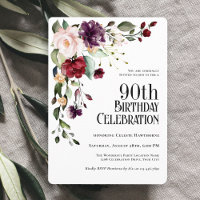 Boho Red Blush and Purple Floral 90th Birthday