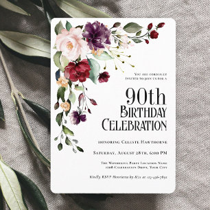 Boho Red Blush and Purple Floral 90th Birthday Invitation