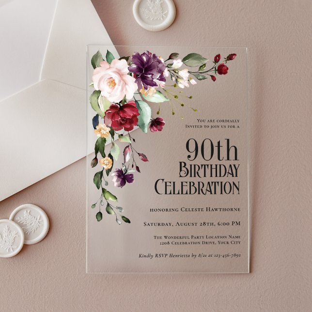 Boho Red Blush Pink and Purple 90th Birthday Acrylic Invitations (Creator Uploaded)