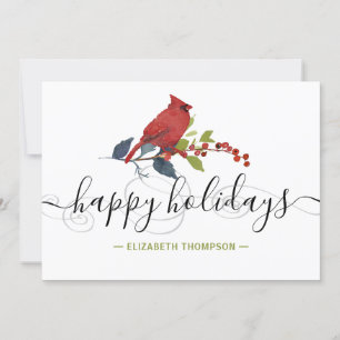 Boho Red Cardinal Holly Berries Name Happy Holiday Card