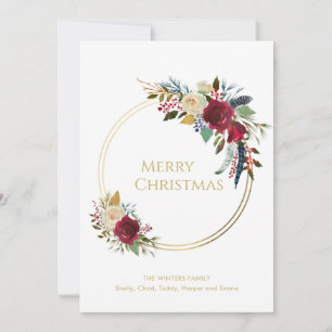 Boho Red Floral Geometric Gold Christmas Holiday Card