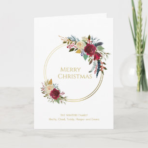 Boho Red Floral Geometric Gold Christmas Holiday Card