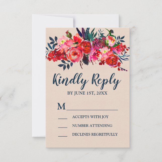 Boho Red Floral RSVP Response Card (Front)
