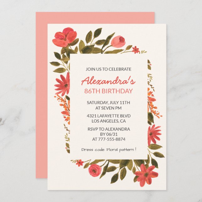 Boho Red Floral Watercolor 86th birthday Invitation (Front/Back)