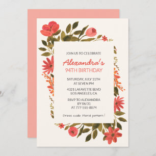 Boho Red Floral Watercolor 94th birthday Invitation