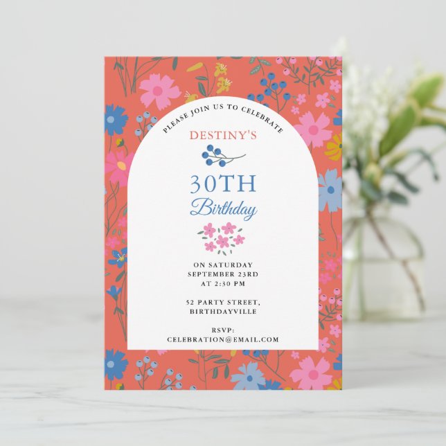 Boho Red Floral Wildflowers 30th 40th Birthday Invitation (Standing Front)