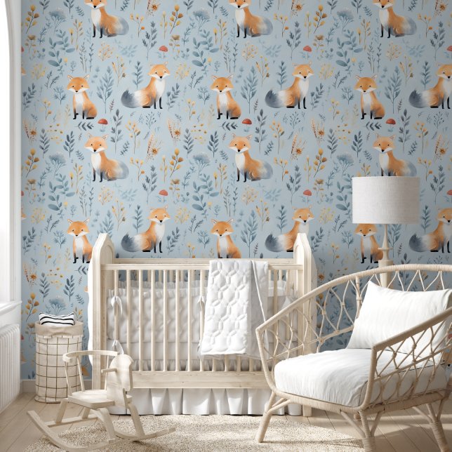 Boho Red Fox on Blue Baby Nursery Wallpaper (Kids)