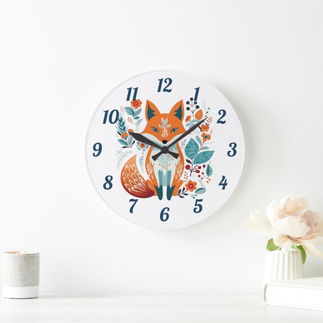 Boho Red Fox Scandinavian Folk Art Large Clock (Home)
