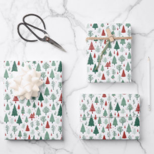 Boho Red Green Christmas Trees Holiday Wrapping Paper Sheet