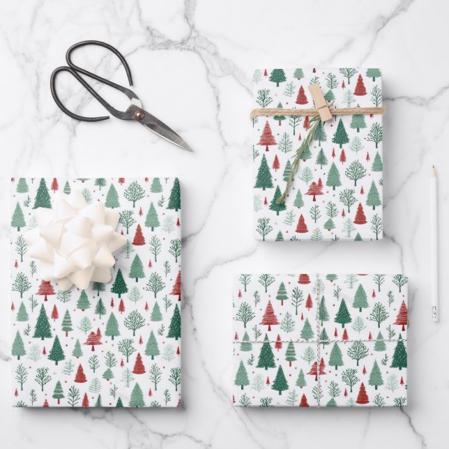 Boho Red Green Christmas Trees Holiday Wrapping Paper Sheet (Front)