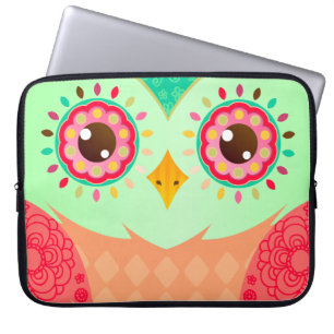Boho Red & Green Owl Laptop Sleeve