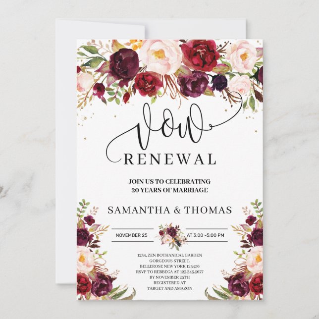 Boho red marsala blush burgundy chic vow renewal invitation (Front)