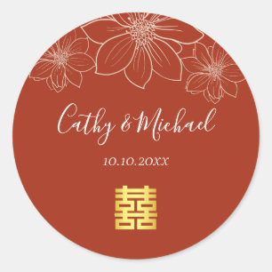 Boho red modern floral Chinese wedding Classic Round Sticker