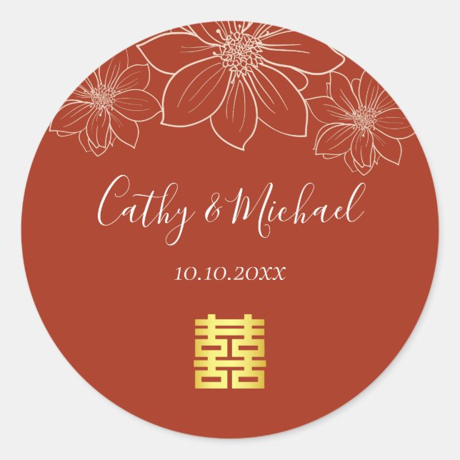 Boho red modern floral Chinese wedding Classic Round Sticker (Front)