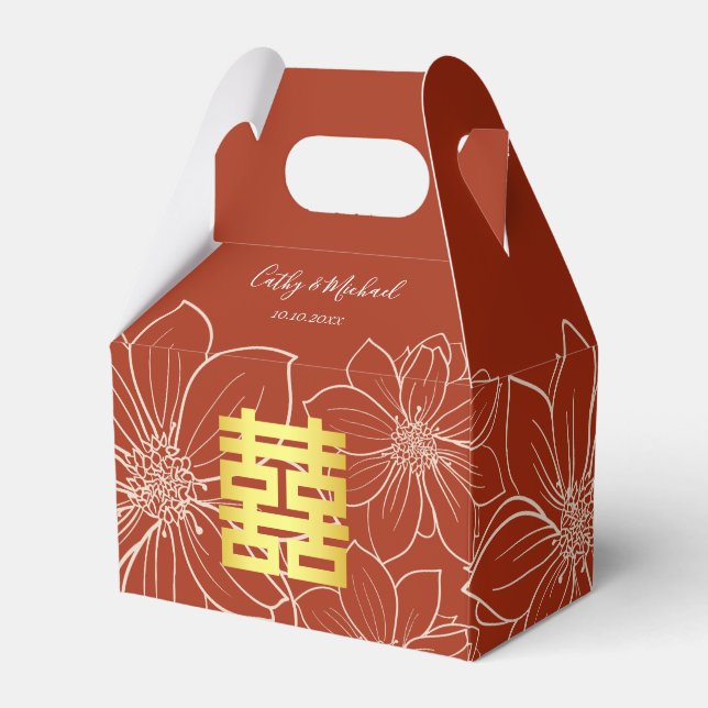 Boho red modern floral Chinese wedding Favour Box (Front Side)
