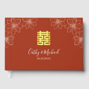 Boho red modern floral Chinese wedding Guest Book