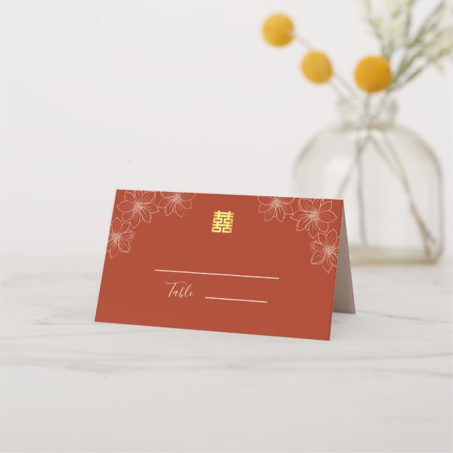Boho red modern floral Chinese wedding Place Card (Front)