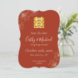 Boho red modern floral Chinese wedding Save The Date