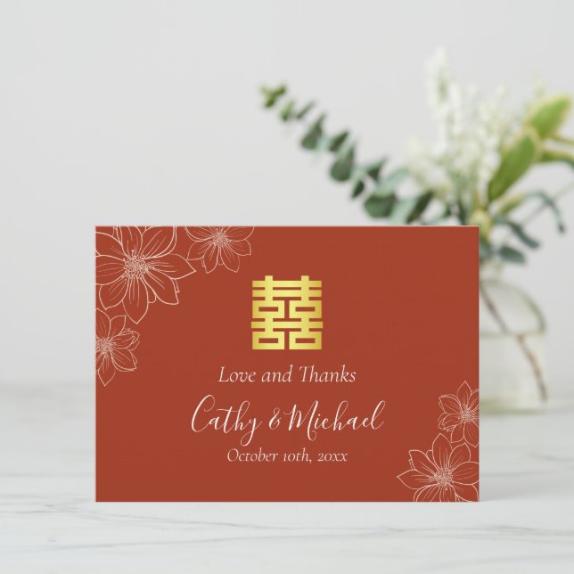 Boho red modern floral Chinese wedding Thank You Card (Standing Front)