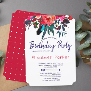 Boho red navy blue floral bouquet birthday party invitation