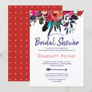 Boho red navy blue floral bouquet bridal shower invitation