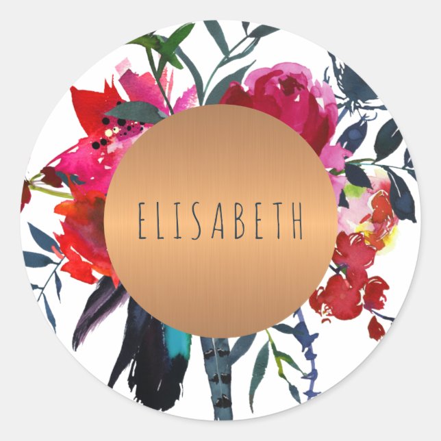 Boho red navy bouquet with copper circle your name classic round sticker (Front)