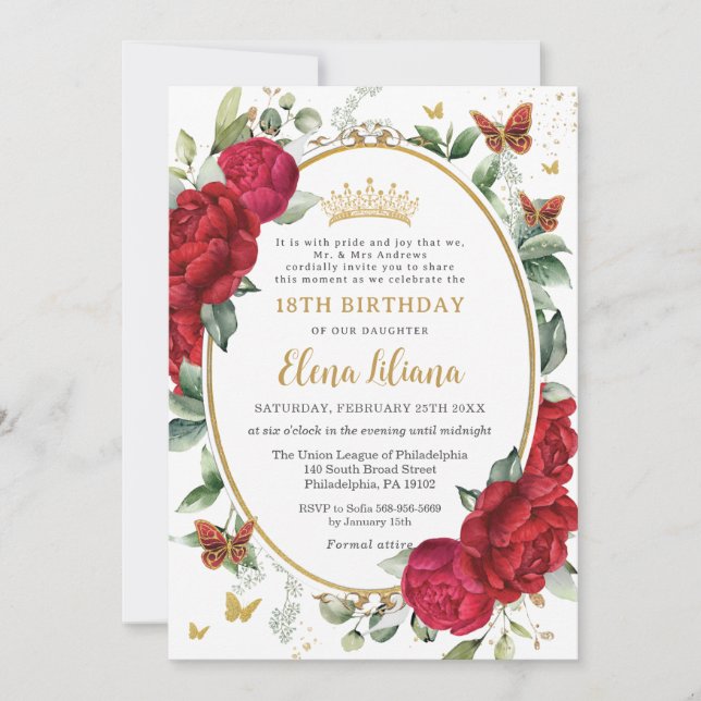 Boho Red Peonies Floral Butterflies 18th Birthday  Invitation (Front)