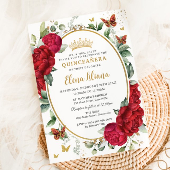 Boho Red Peonies Floral Butterflies Quinceañera  Invitation (Creator Uploaded)