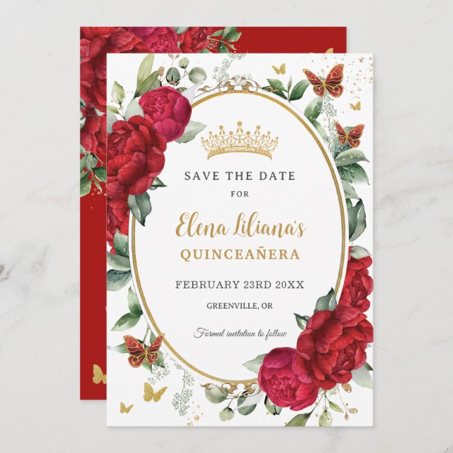 Boho Red Peonies Floral Butterflies Quinceañera  Save The Date (Front/Back)