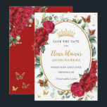 Boho Red Peonies Floral Butterflies Quinceañera  Save The Date<br><div class="desc">Personalise this boho chic red floral Quinceañera / Sweet 16 birthday save the date easily and quickly. Simply click the customise it further button to edit the texts, change fonts and fonts colours. Featuring exquisite vibrant watercolor red peony flowers, a gold princess crown and red and gold butterflies. Matching items...</div>