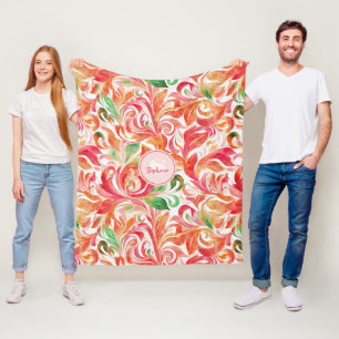 Boho Red Pink Orange Green Paisley Floral Fleece Blanket