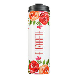 Boho Red Pink Orange Watercolor Flowers Thermal Tumbler