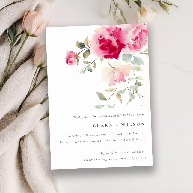 Boho Red Pink Rose Flowers Watercolor Engagement Invitation (Creator Uploaded)