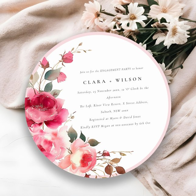 Boho Red Pink Rose Flowers Watercolor Engagement Invitation (Creator Uploaded)