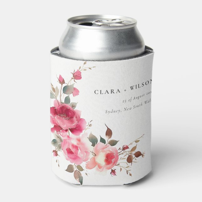 Boho Red Pink Rose Flowers Watercolor Wedding Can Cooler (Can Front)