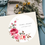 Boho Red Pink Rose Flowers Watercolor Wedding Classic Round Sticker<br><div class="desc">It’s very easy to customise,  with your personal details. If you need any other matching product or customisation,  kindly message via Zazzle.</div>