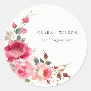 Boho Red Pink Rose Flowers Watercolor Wedding Classic Round Sticker